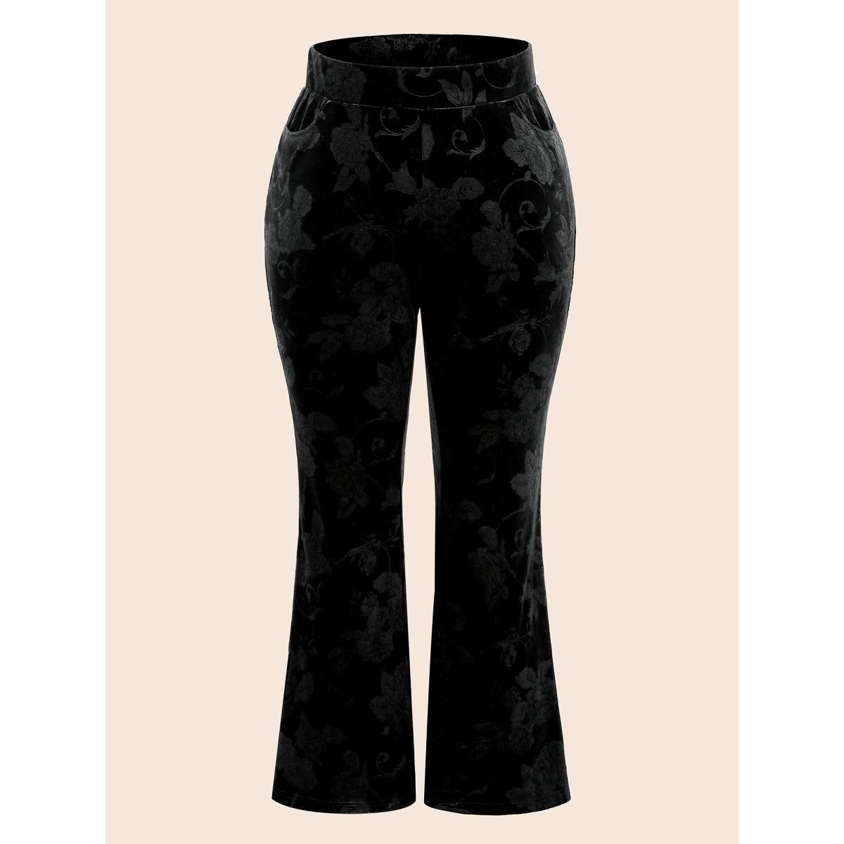Plus Size Velvet Floral Mid Rise Bootcut Leggings Women Black Elegant Medium stretch Bootcut Mid Rise Everyday Leggings BloomChic 14-16/1X Product Image
