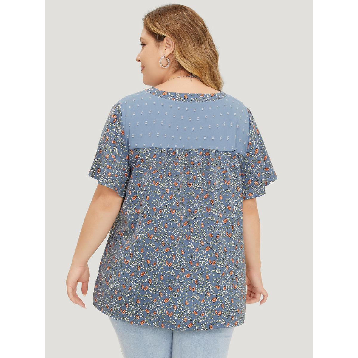 Plus Size Stone Ditsy Floral & Polka Dot Lace Notched Neck Blouse Women Elegant Short sleeve Notched collar Dailywear Blouses BloomChic 10/M Product Image