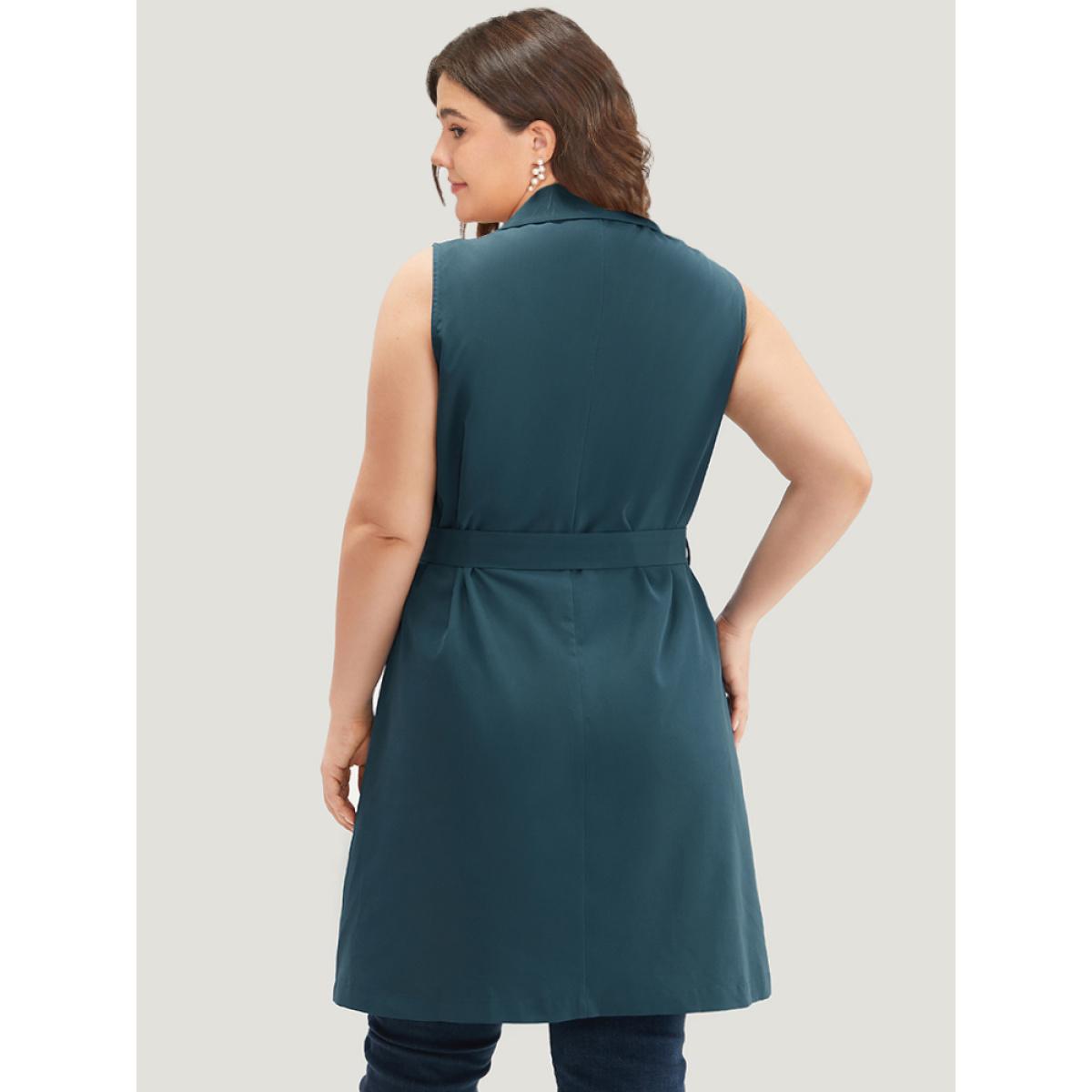 Plus Size Plain Belted Lapel Collar Sleeveless Blazer Aegean Women Work Plain Plain Sleeveless Sleeveless Lapel Collar 12/L Pocket Belt Office Blazers BloomChic Product Image