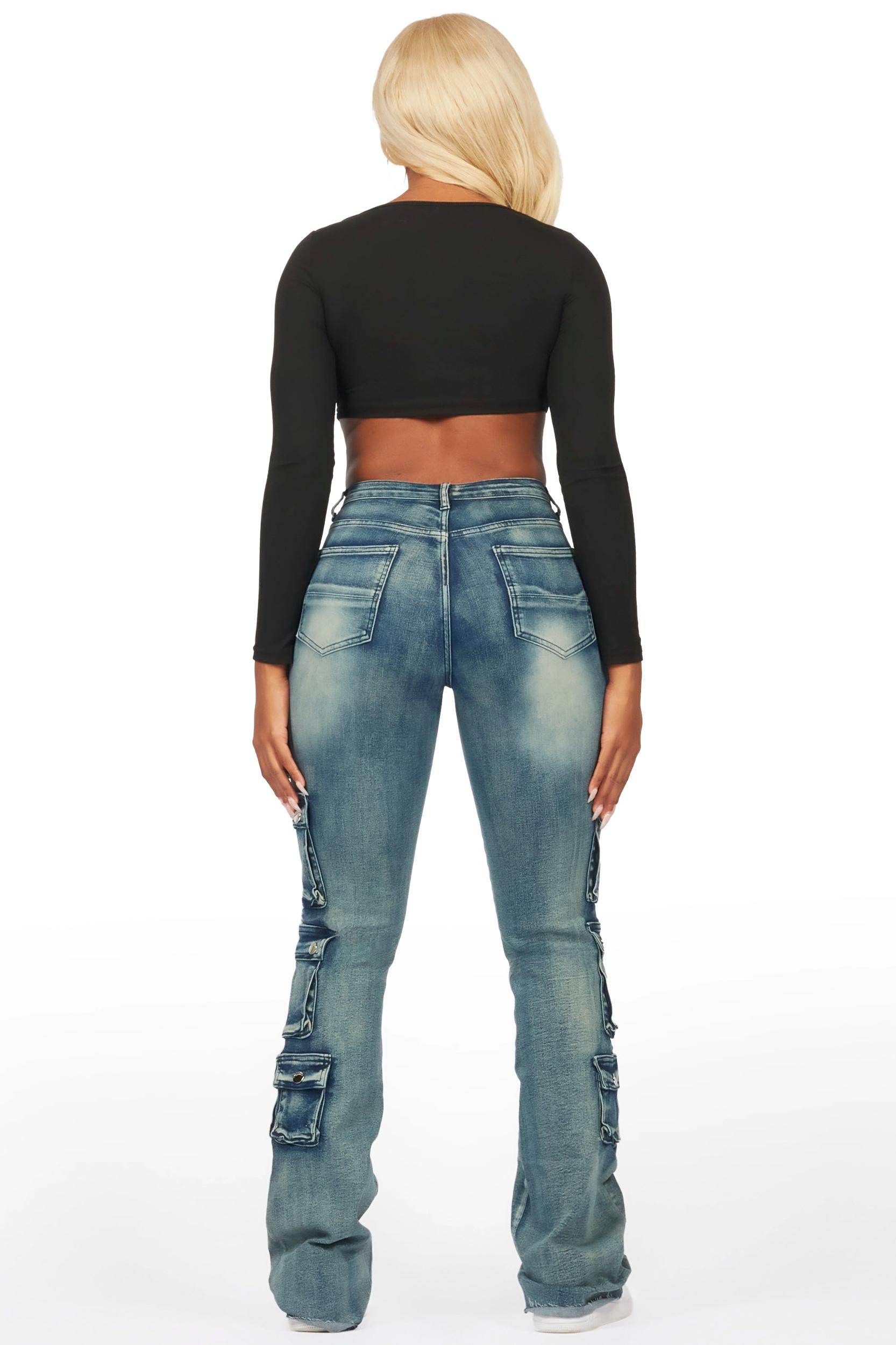 Octavie 2.0 Tinted Dark Wash Cargo Stacked Flare Jean Female Product Image