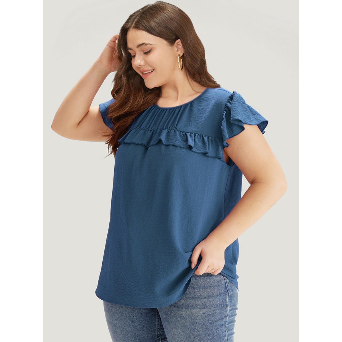 Plus Size Aegean Solid Gathered Flutter Trim Blouse Women Elegant Cap Sleeve Round Neck Dailywear Blouses BloomChic 28/5X Product Image