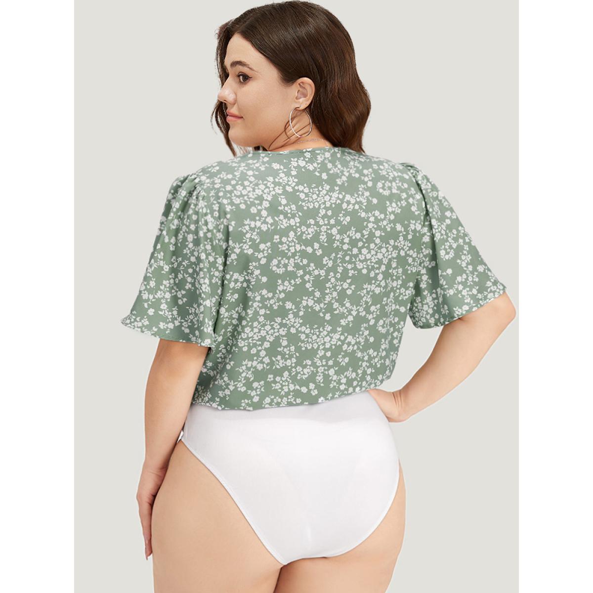 Plus Size Ditsy Floral Overlap Collar Flutter Sleeve Bodysuit Women Green Ditsy Floral Printed Bodysuits BloomChic 30/6X Product Image