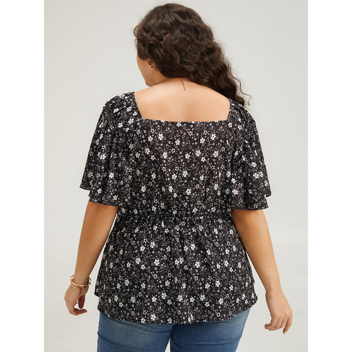Plus Size Black Ditsy Floral Flutter Sleeve Ruched Blouse Women Elegant Short sleeve V-neck Dailywear Blouses BloomChic 12/L Product Image