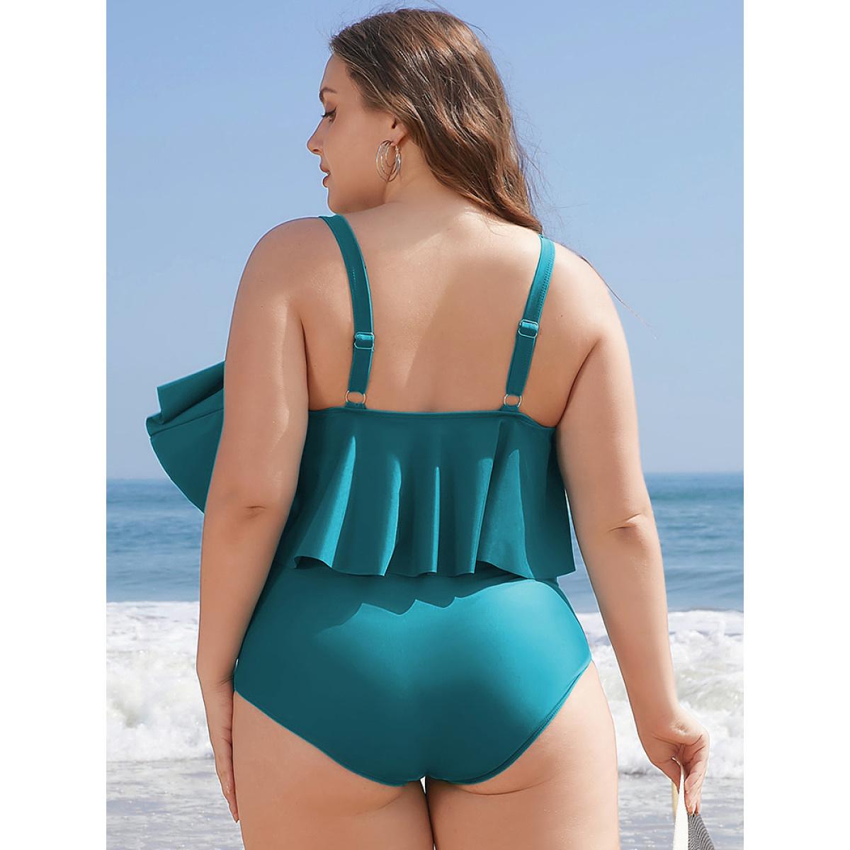 Plus Size Ruffle Trim Sculpt Waist Ruched Front One Piece Swimsuit Women's Swimwear Blue Vacation Adjustable Straps Curve Bathing Suits High stretch One Pieces BloomChic 18-20/2X Product Image