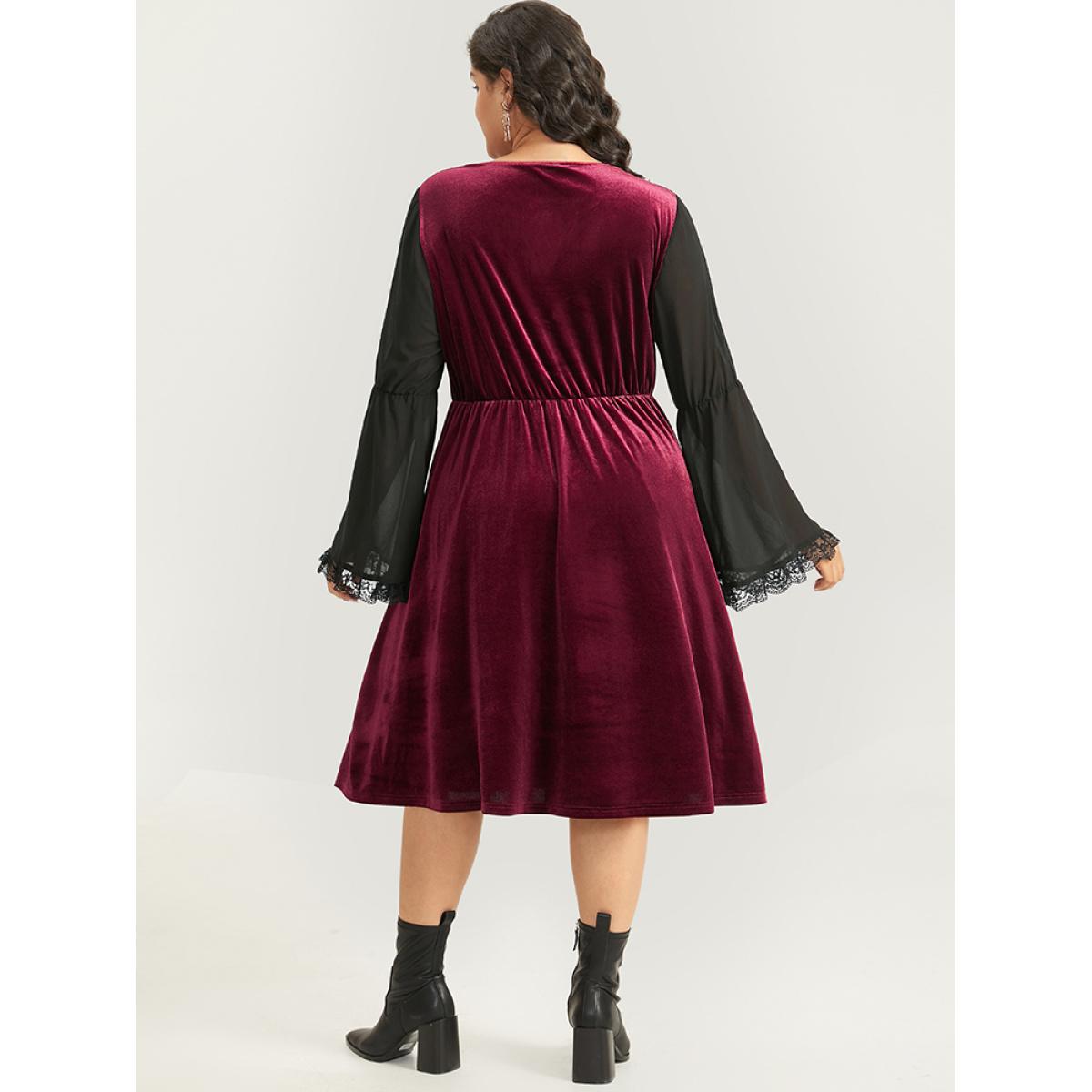 Plus Size Halloween Two Tone Velvet Ruched Lace Panel Bell Sleeve Dress Burgundy Women Elegant Gathered Square Neck Long Sleeve Curvy Midi Dress BloomChic 12/L Product Image