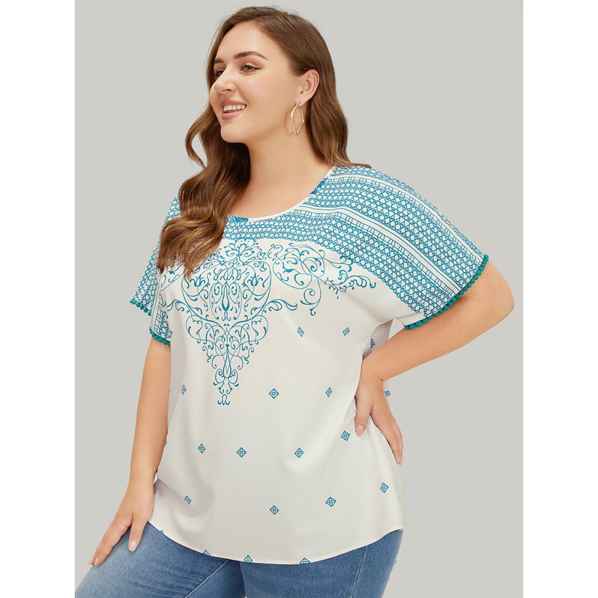 Plus Size White Moroccan Print Batwing Sleeve Pompom Trim Blouse Women Elegant Short sleeve Round Neck Dailywear Blouses BloomChic 26/4X Product Image
