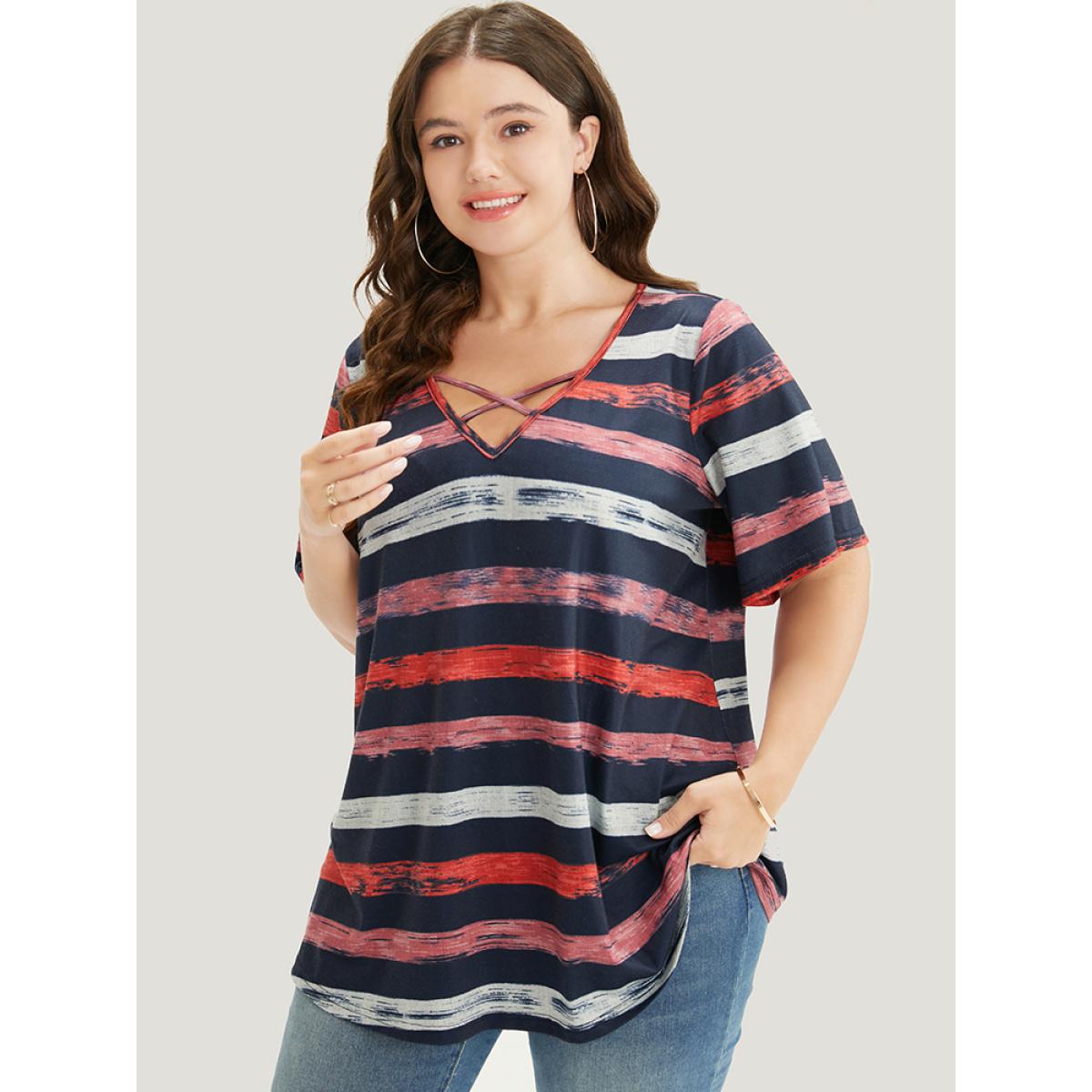 Plus Size Striped Contrast Crisscross Neck T-shirt Midnight Women Casual Striped V-neck Dailywear T-shirts BloomChic 10/M Product Image