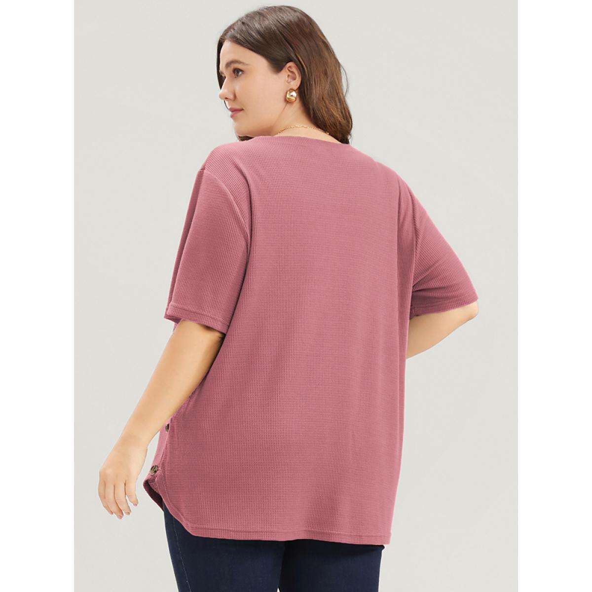Plus Size Plain Round Neck Button Detail Waffle Knit Tee DustyPink Women Casual Button Plain Round Neck Dailywear T-shirts BloomChic 30/6X Product Image