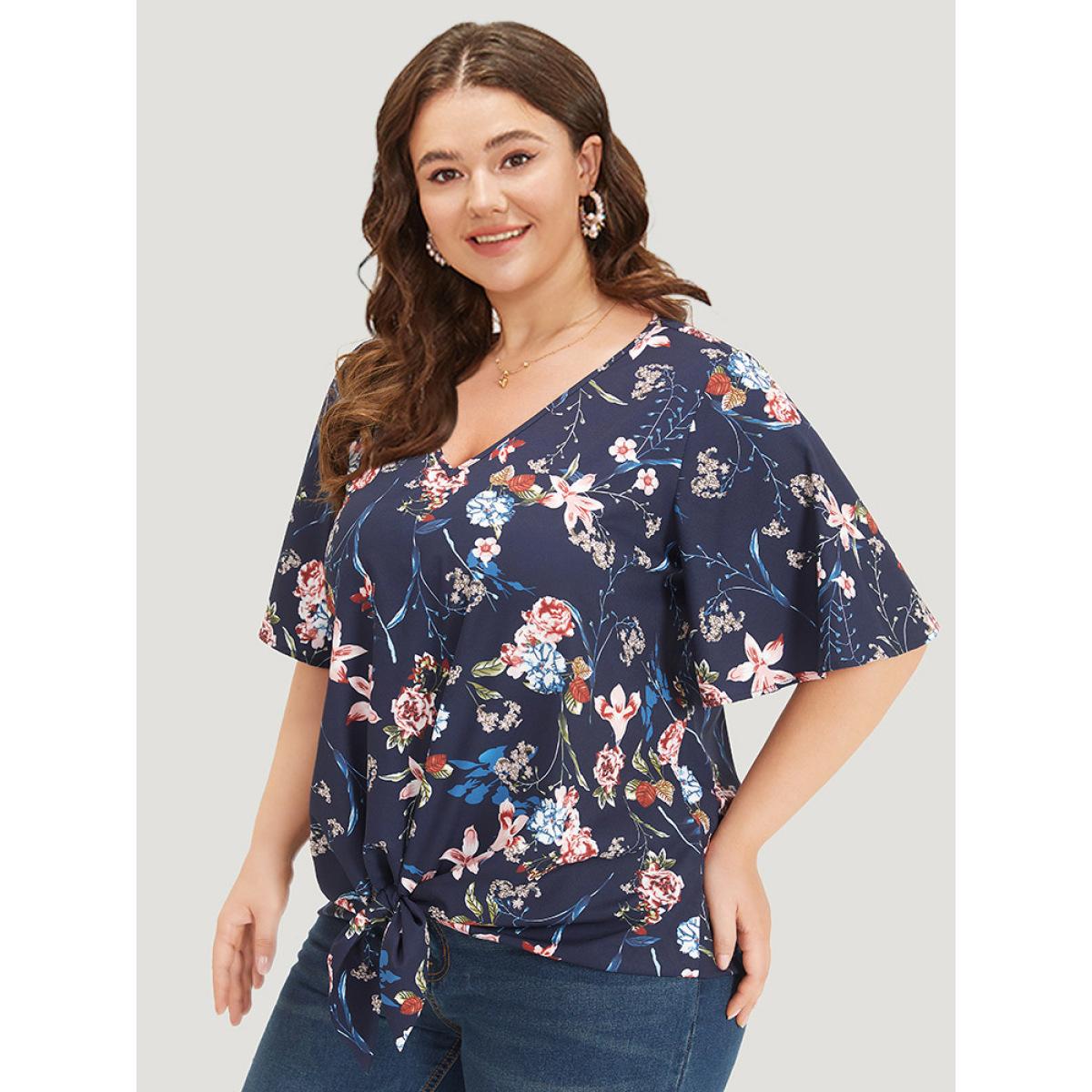 Plus Size Indigo Floral Print V Neck Ruffle Sleeve Twist Hem Blouse Women Elegant Half Sleeve V-neck Dailywear Blouses BloomChic 28/5X Product Image