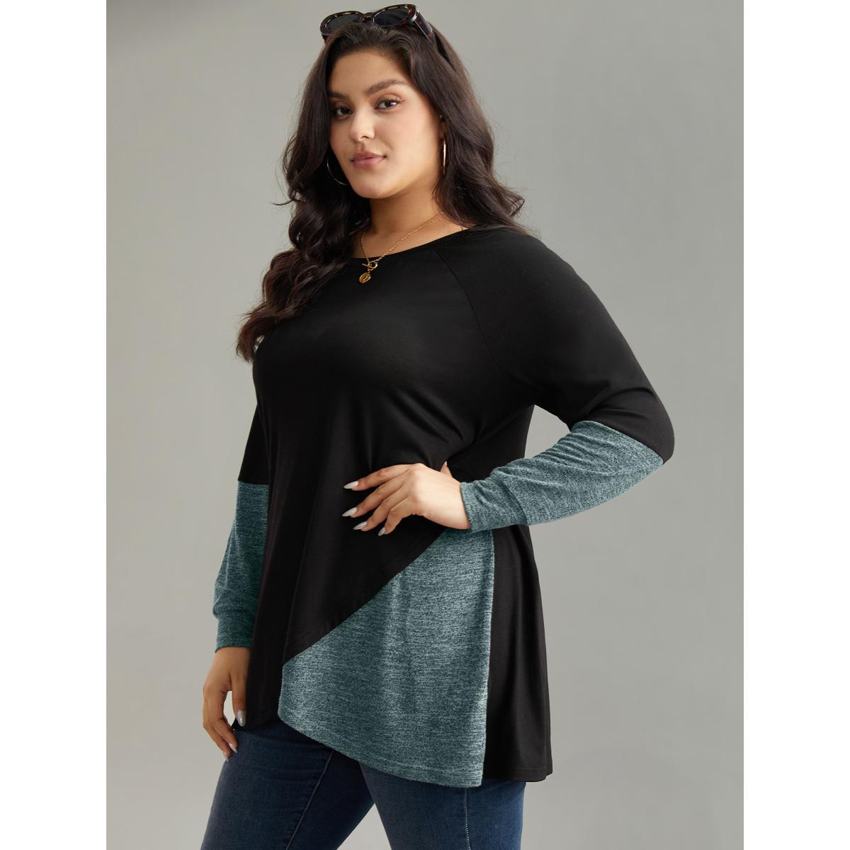 Plus Size Two Tone Patchwork Heather Arc Hem T-shirt DarkSlateGray Women Casual Contrast Plain Round Neck Dailywear T-shirts BloomChic 30/6X Product Image