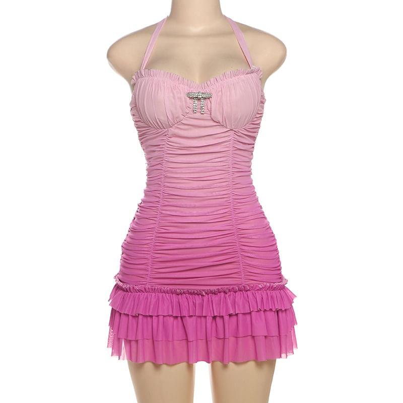 Halter Gradient Ruffle Ruched Mini Sheath Dress Product Image