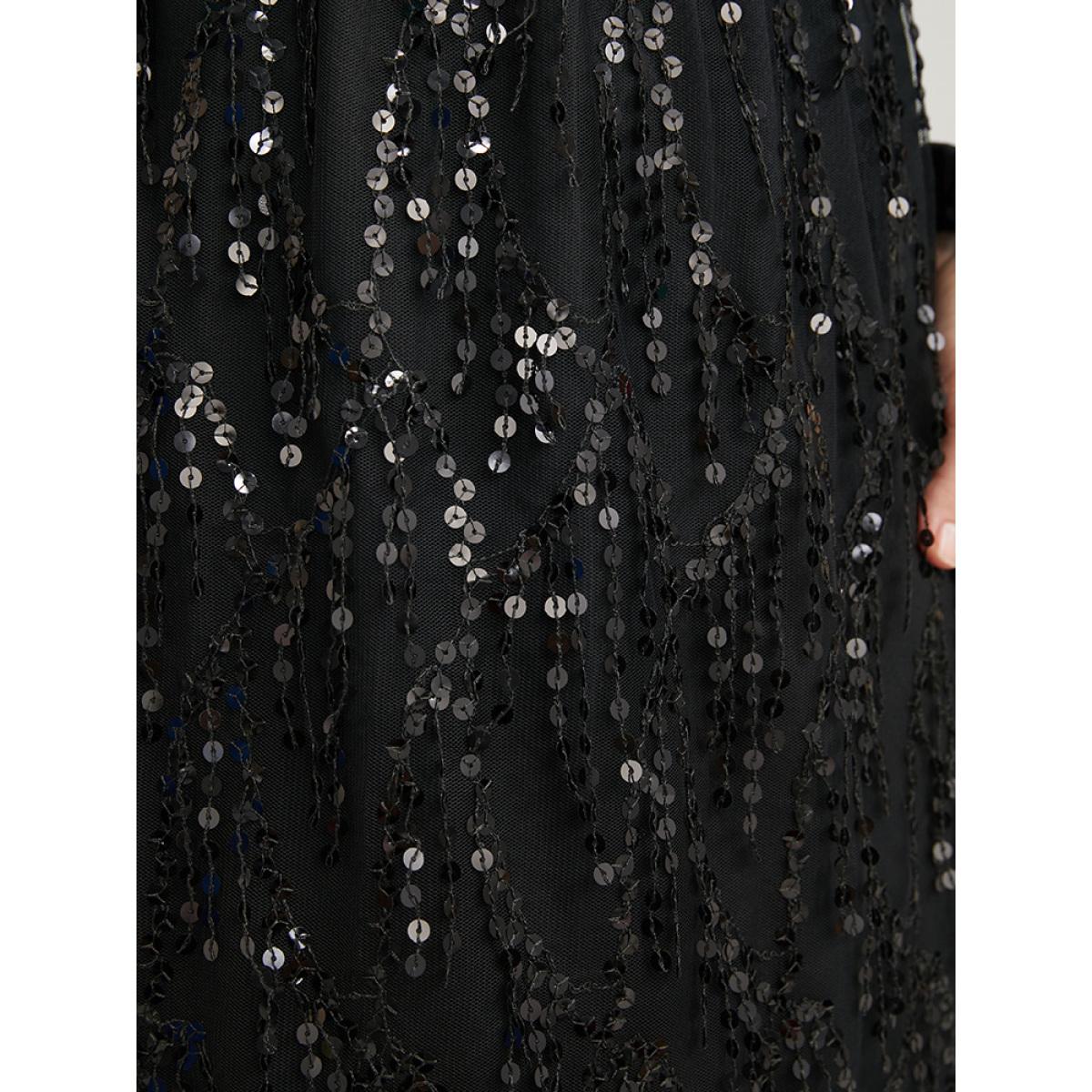 Plus Size Solid Patchwork Wrap Sequin Tassel Detail Dress Black Women Party Patchwork V-neck Long Sleeve Curvy Knee Dress BloomChic 28/5X Product Image