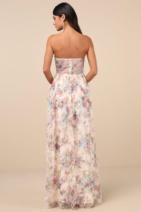 Stunning Element Cream Floral Mesh Ruffled Strapless Maxi Dress Product Image