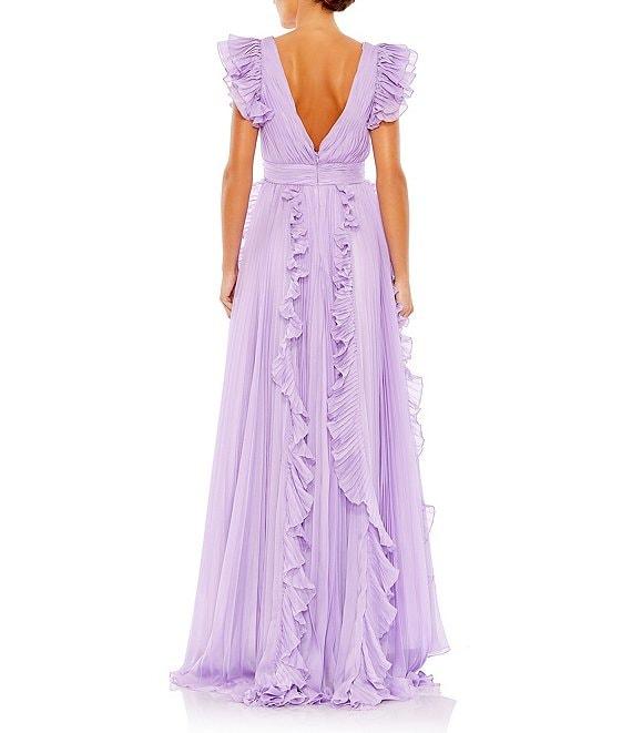 Mac Duggal Pleated Ruffle Cap Sleeve Deep V-Neck Flowy A-Line Gown Product Image