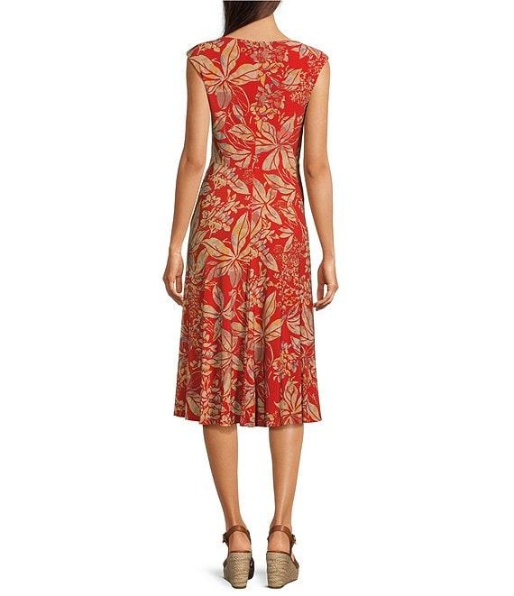 Lauren Ralph Lauren Tessanne Floral Motif Stretch Jersey Crew Neck Pleated Twist A-Line Midi Dress Product Image
