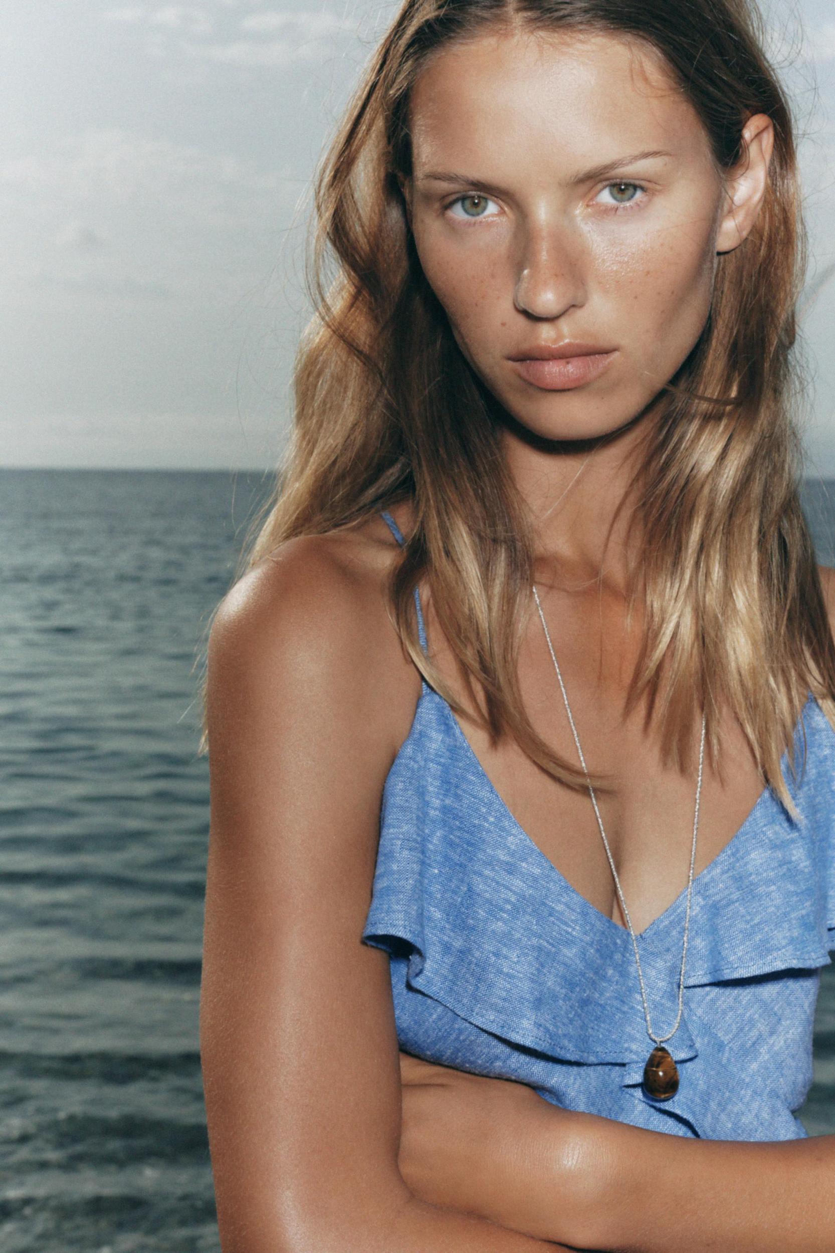 LINEN RUFFLED STRAP DRESS Product Image