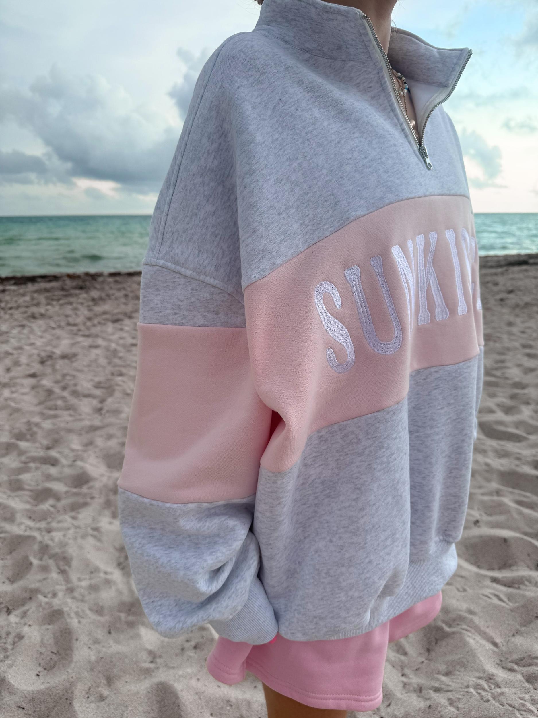 Pearl Grey And Pink Sunkissed Embroider Quarter-Zip Product Image