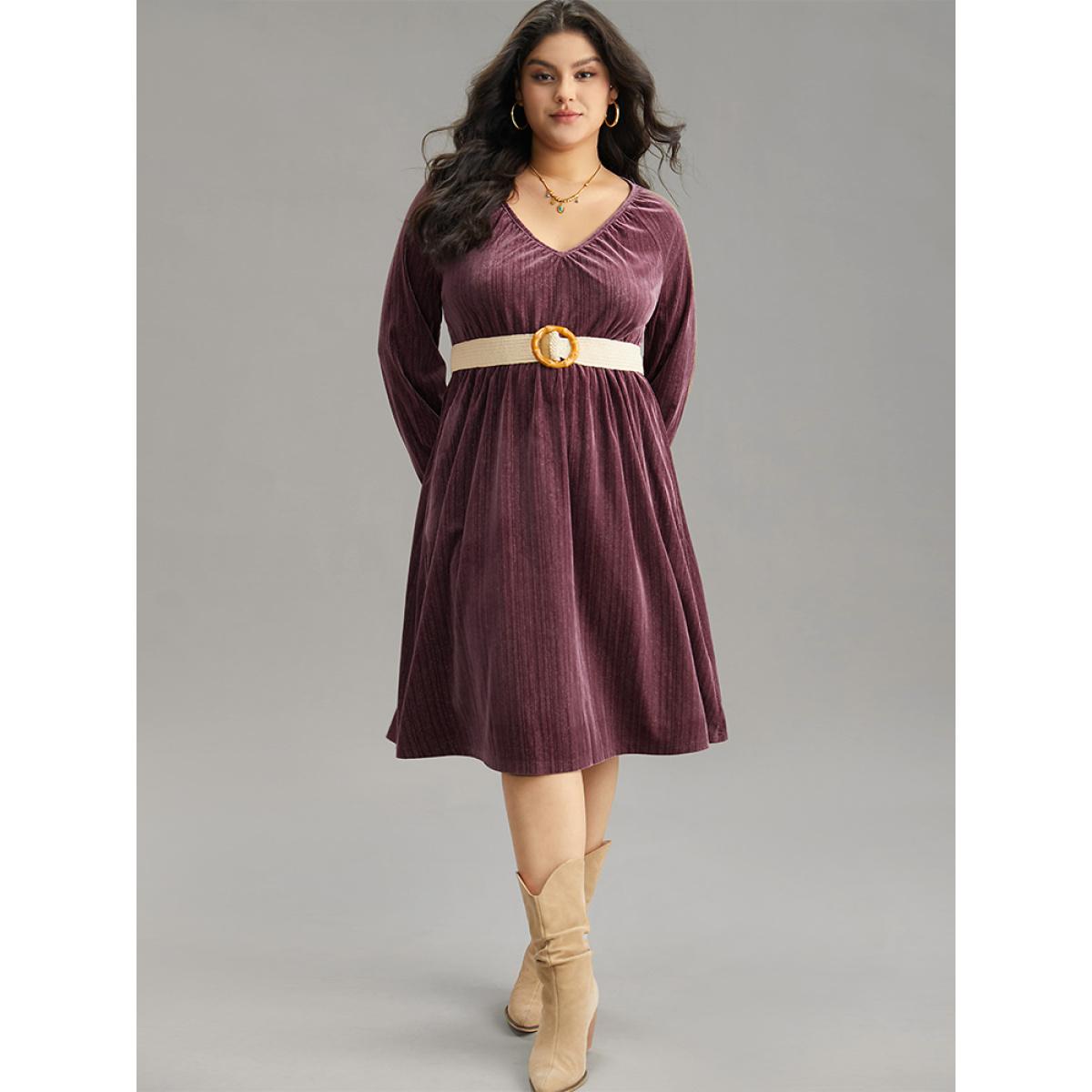 Plus Size Plain Velvet Gathered Elastic Waist Dress DustyPink Women Vacation Elastic cuffs V-neck Long Sleeve Curvy Midi Dress BloomChic 12/L Product Image