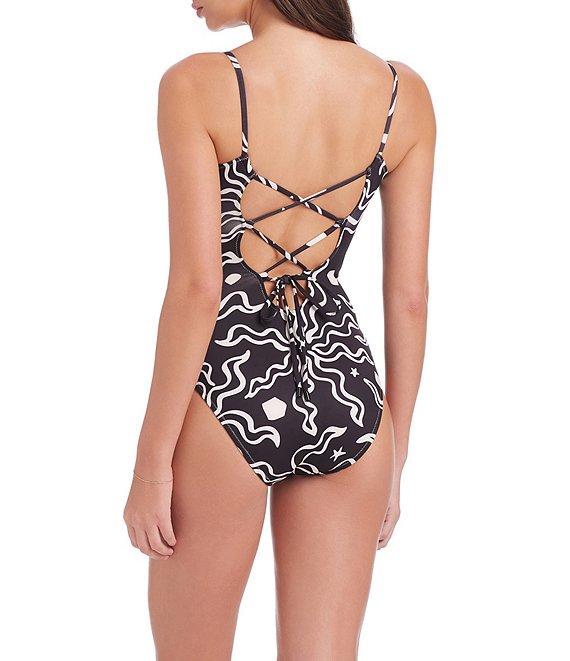 Sanctuary Beach Conversation Printed V-Wire Neck Lace-Up Back One Piece Swimsuit Product Image