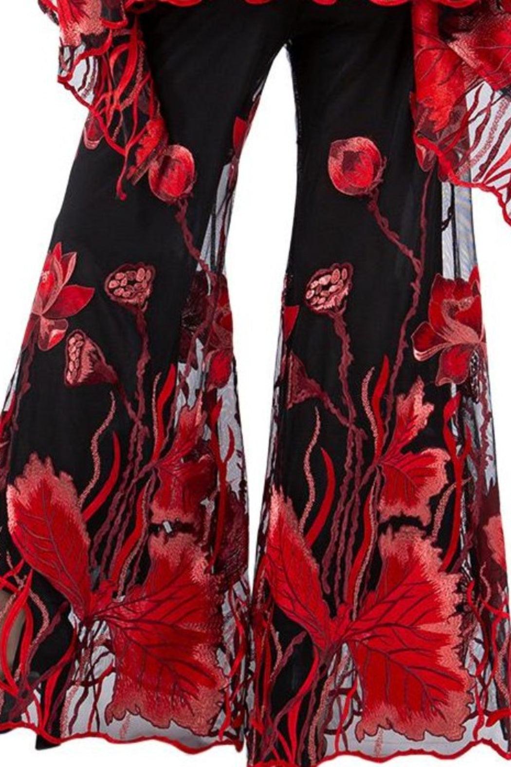 Black Mesh Applique Palazzo Pants Product Image