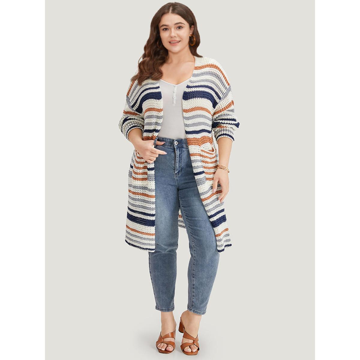 Plus Size Contrast Striped Patched Pocket Split Side Cardigan Multicolor Women Casual Loose Long Sleeve Dailywear Cardigans BloomChic 12/L Product Image