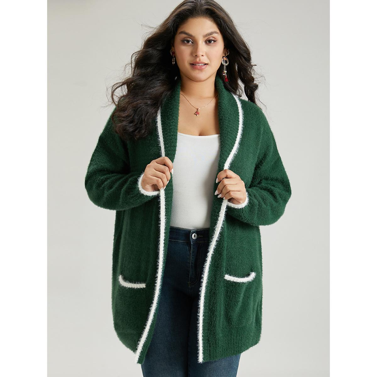 Plus Size Contrast Trim Fuzzy Patched Pocket Cardigan DarkGreen Women Casual Loose Long Sleeve Festival-Christmas Cardigans BloomChic 28/5X Product Image