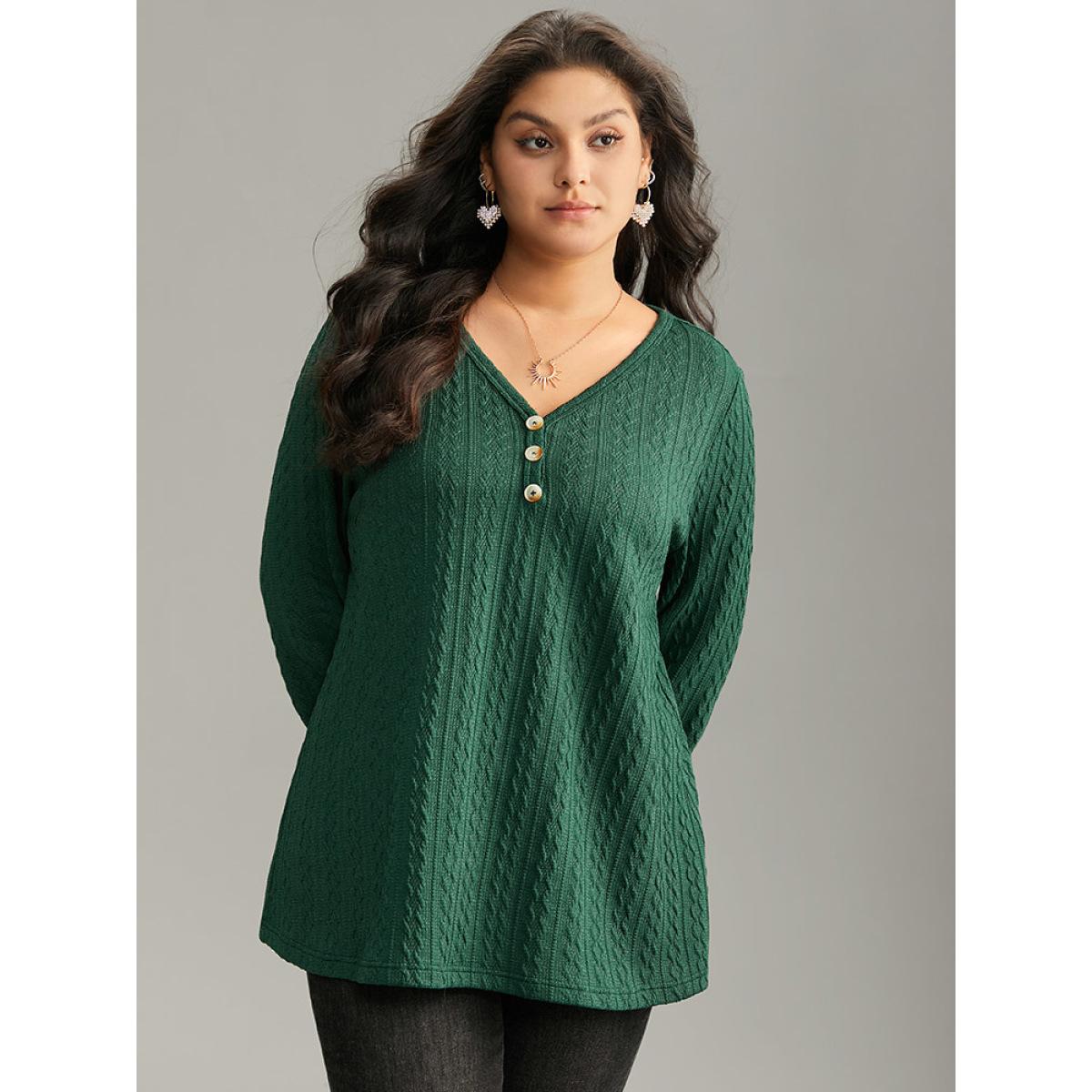 Plus Size Textured Plain Button Up V Neck Sweatshirt Women Green Casual Texture V-neck Dailywear Sweatshirts BloomChic 22-24/3X Product Image