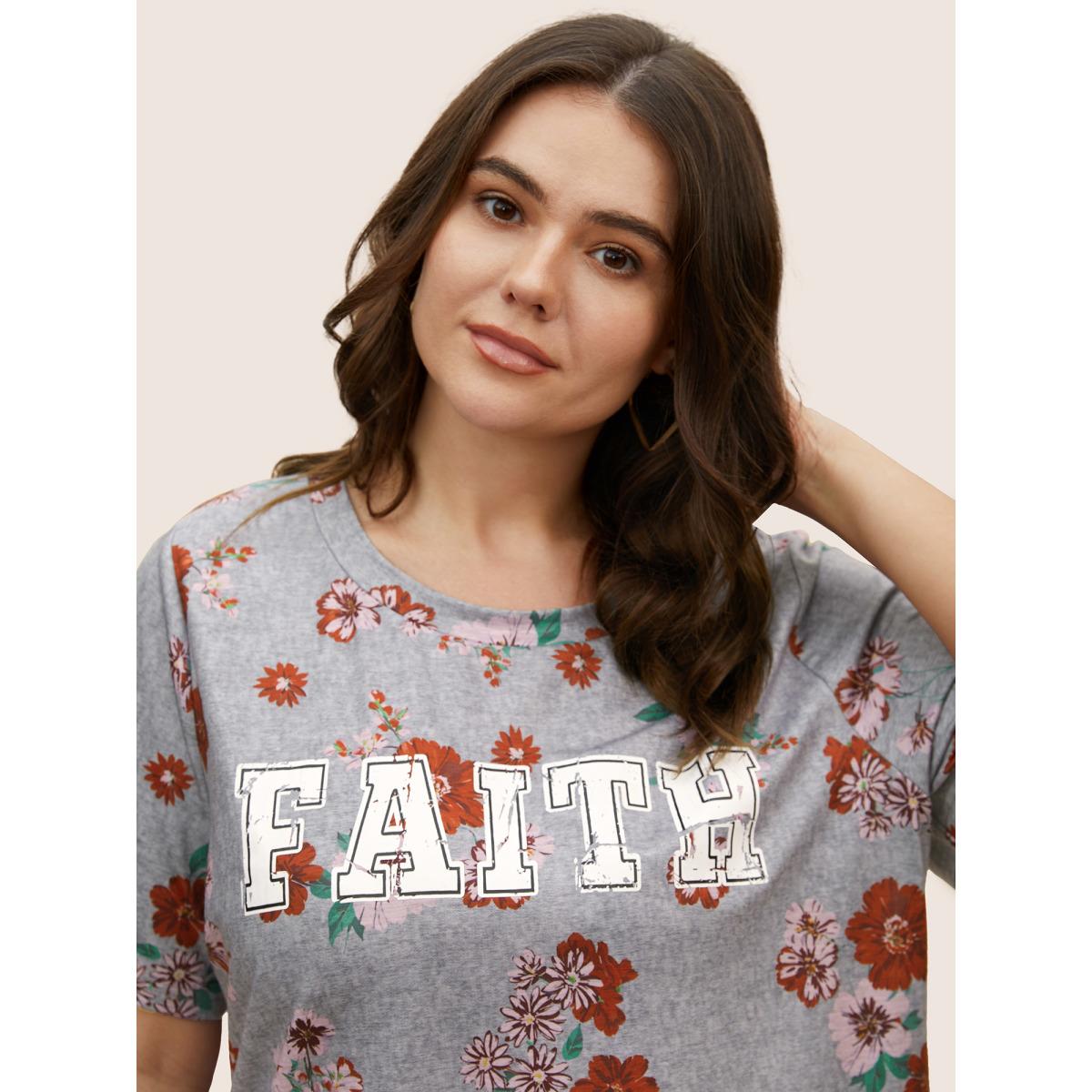 Plus Size Natural Flowers & Letter Print Crew Neck T-shirt Mediumgray Women Casual Contrast Natural Flowers Round Neck Everyday T-shirts BloomChic 14-16/1X Product Image