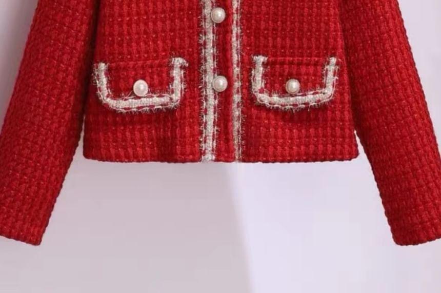 Puff-Sleeve High Neck Blouse / Tweed Faux Pearl Button-Up Jacket / High Waist Mini A-Line Skirt / Set Product Image