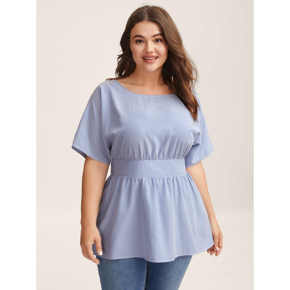 Plus Size LightBlue Backless Bow Tie Stripe Print Cinched Blouse Women Leisure Half Sleeve Boat Neck Casual Blouses BloomChic 26/4X Product Image