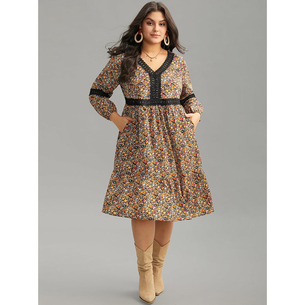 Plus Size Ditsy Floral Lace Panel Lantern Sleeve Dress Multicolor Women Vacation Elastic cuffs V-neck Long Sleeve Curvy Midi Dress BloomChic 22-24/3X Product Image