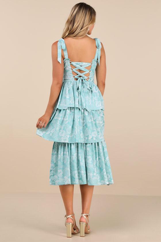 Lovely Bliss Aqua Floral Jacquard Strapless Bustier Midi Dress Product Image