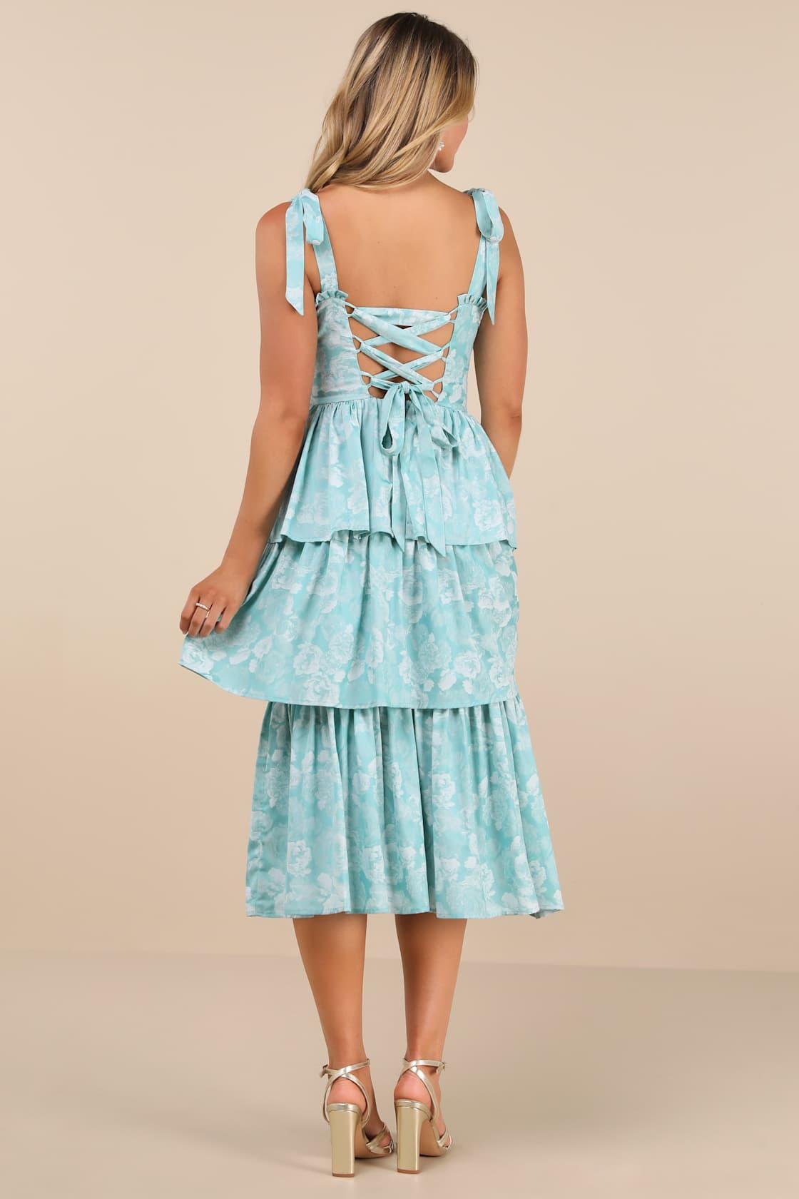 Lovely Bliss Aqua Floral Jacquard Strapless Bustier Midi Dress Product Image