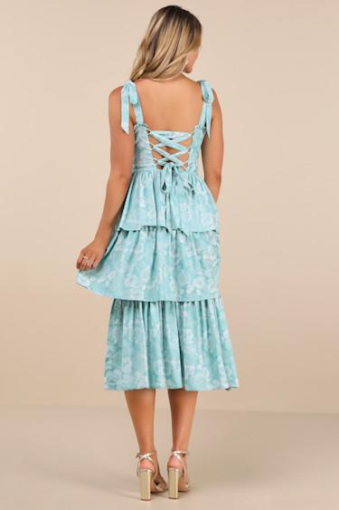 Lovely Bliss Aqua Floral Jacquard Strapless Bustier Midi Dress Product Image