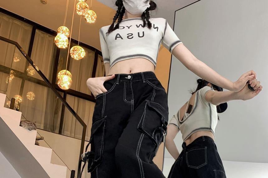 High Rise Contrast Stitching Buckled Loose Fit Cargo Jeans Product Image