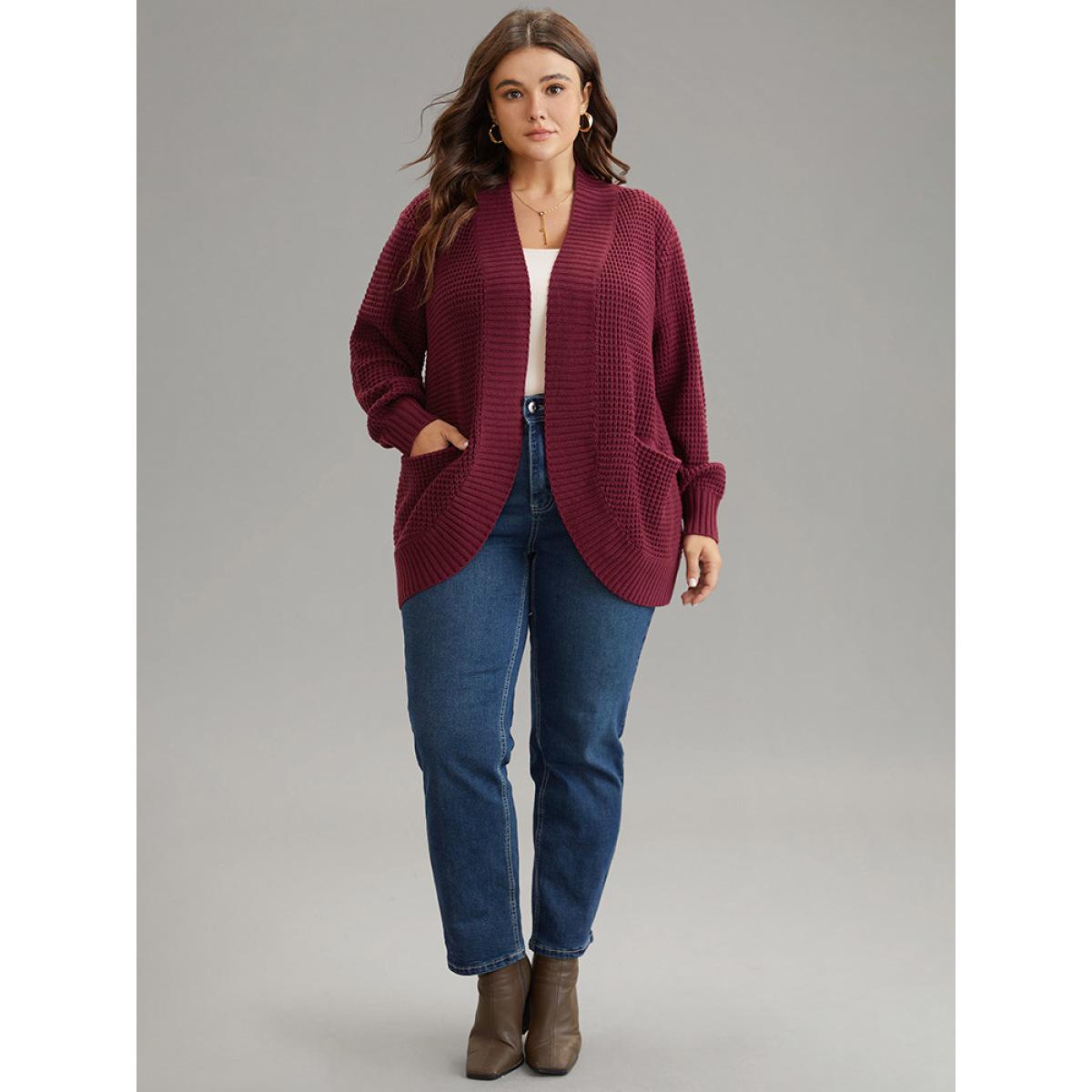 Plus Size Plisse Patched Pocket Curved Hem Open Front Cardigan Burgundy Women Casual Loose Long Sleeve Everyday Cardigans BloomChic 30/6X Product Image