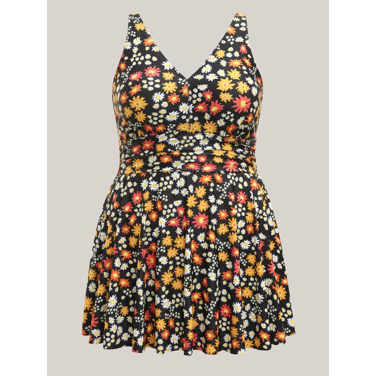 Plus Size Anti-Float Ties Floral Print Swim Dress Women's Swimwear Black Beach Bodycon V-neck High stretch Curve Swim Dresses BloomChic 10/M Product Image