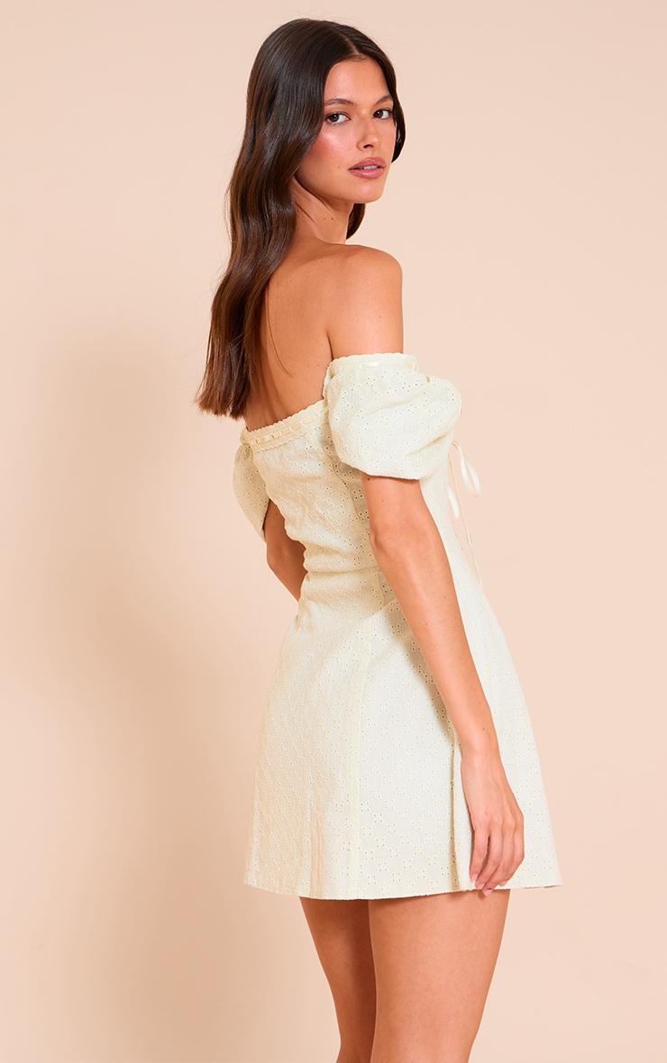 Cream Broderie Puff Sleeve A-line Mini Dress Product Image