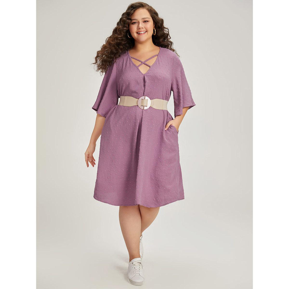 Plus Size Plain Textured Plicated Detail Crisscross Ruffle Sleeve Dress Lilac Women Casual Texture V-neck Half Sleeve Curvy Midi Dress BloomChic 14-16/1X Product Image