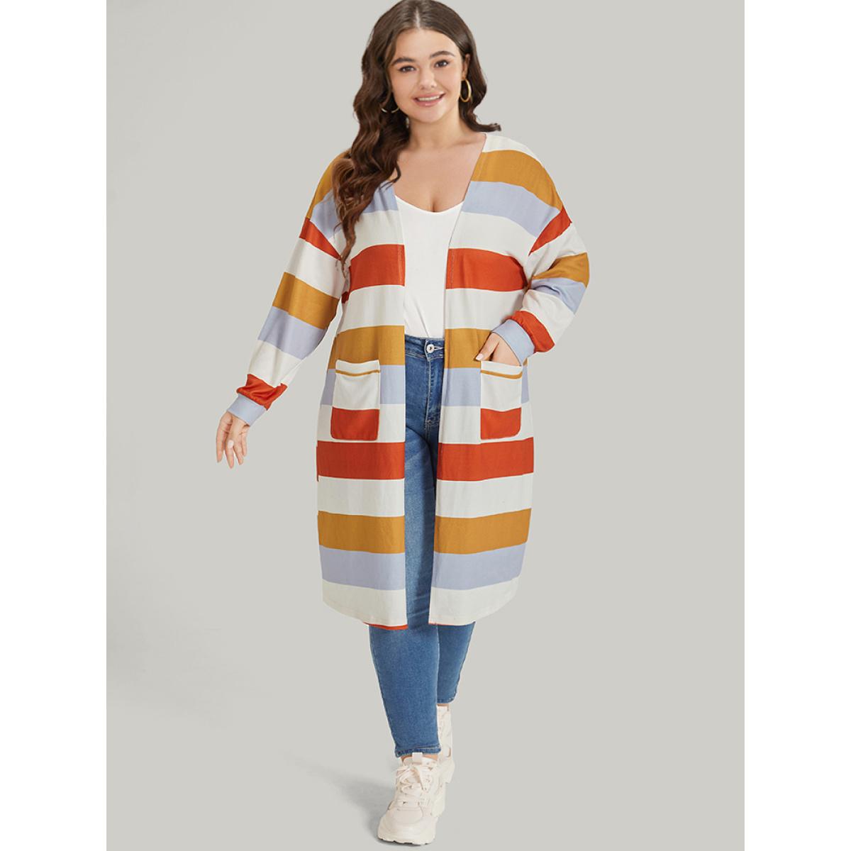 Plus Size Striped Contrast Patched Pocket Open Front Kimono Women Multicolor Casual Elastic cuffs Pocket Dailywear Kimonos BloomChic 12/L Product Image