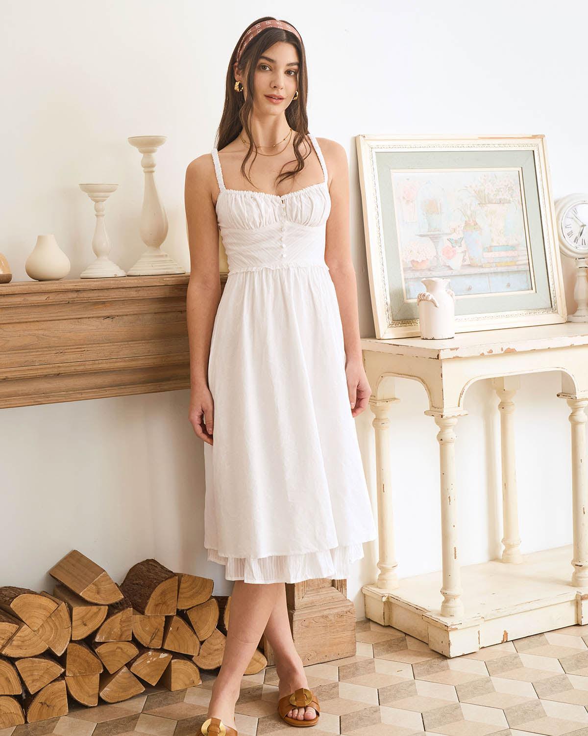 The White Ruched Slip Cotton Midi Dress Product Image