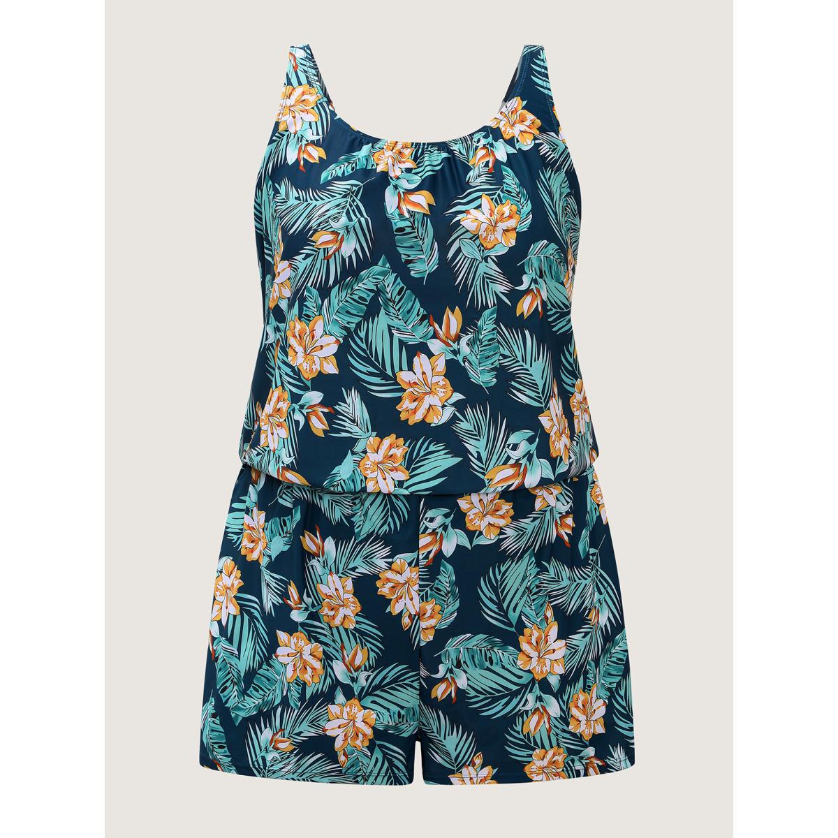 Plus Size Tropical Flower Print Pockets One-Piece Swimsuit Women's Swimwear DarkBlue Resort Gathered Curve Bathing Suits High stretch One Pieces BloomChic 22-24/3X Product Image