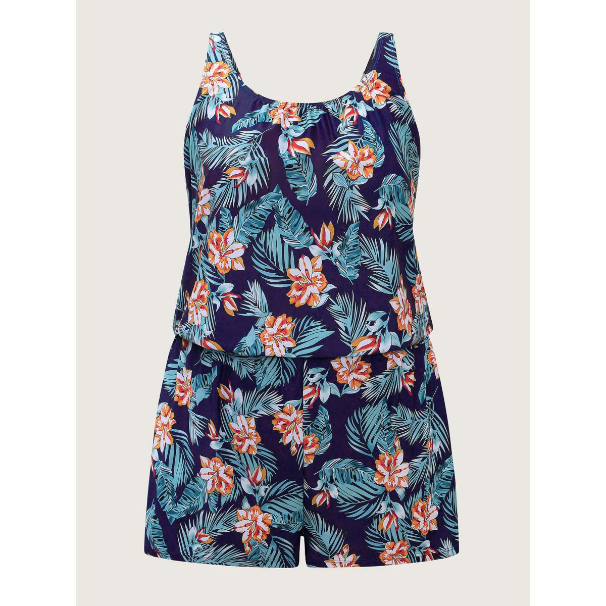 Plus Size Tropical Flower Print Pockets One-Piece Swimsuit Women's Swimwear DarkBlue Resort Gathered Curve Bathing Suits High stretch One Pieces BloomChic 22-24/3X Product Image