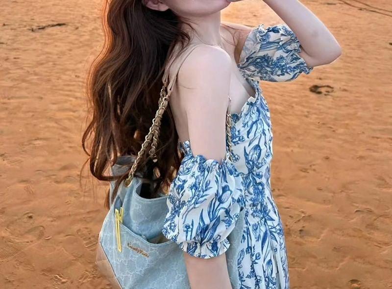 Short-Sleeve Off-Shoulder Floral Print Midi A-Line Dress Product Image