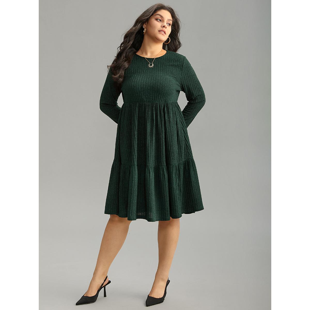 Plus Size Rib Knit Round Neck Ruffle Layered Hem Dress DarkGreen Women Casual Texture Round Neck Long Sleeve Curvy Knee Dress BloomChic 30/6X Product Image