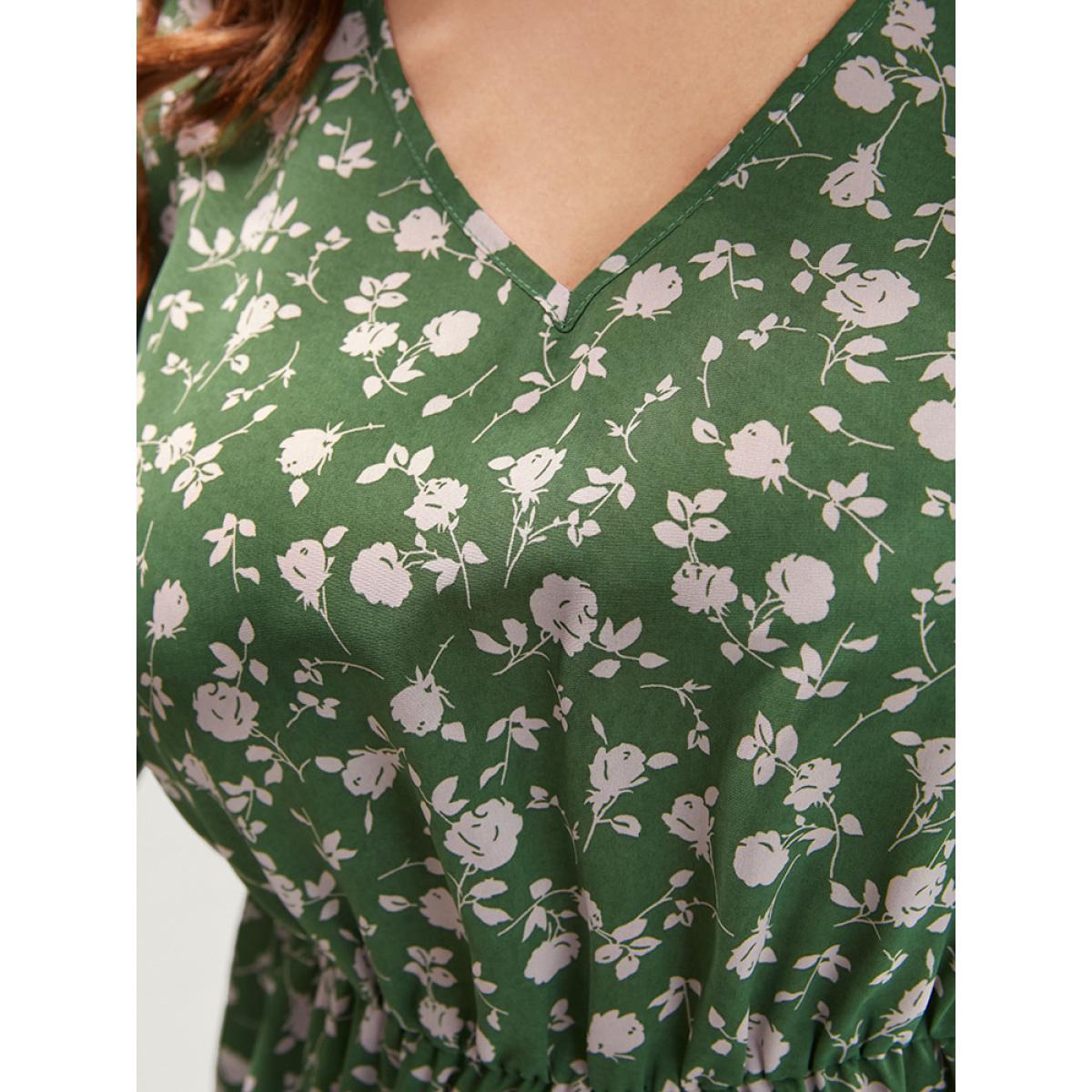Plus Size Green Ditsy Floral V Neck Lantern Sleeve Blouse Women Elegant Long Sleeve V-neck Dailywear Blouses BloomChic 10/M Product Image