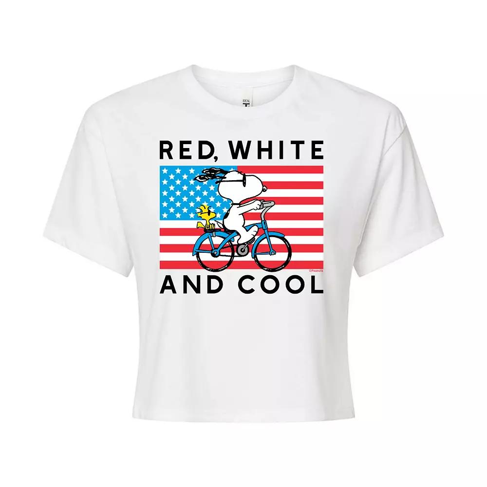 Juniors' Peanuts Bike Riding Snoopy "Red, White & Cool" Cropped Tee, Girl's,  Product Image