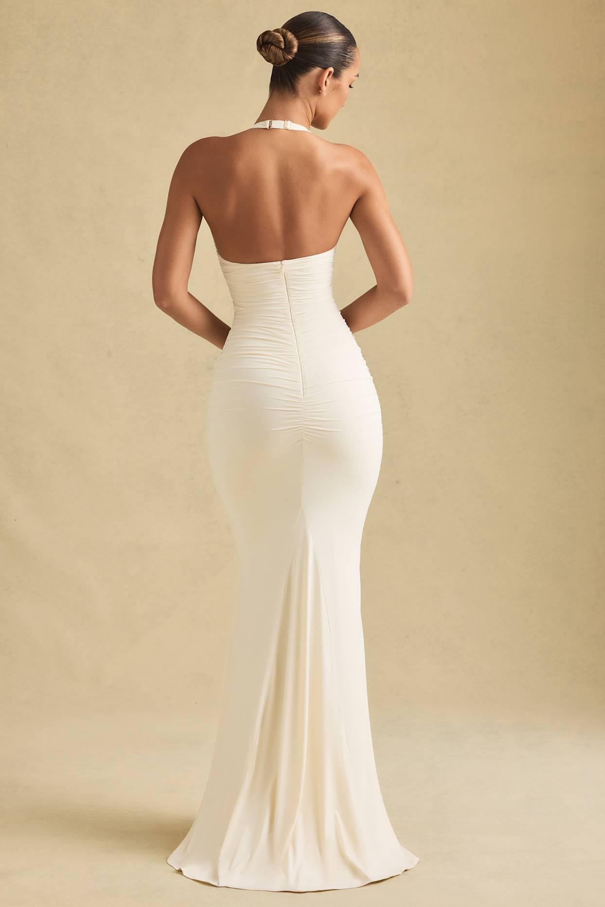 Ruched Backless Halterneck Gown in Ivory Product Image