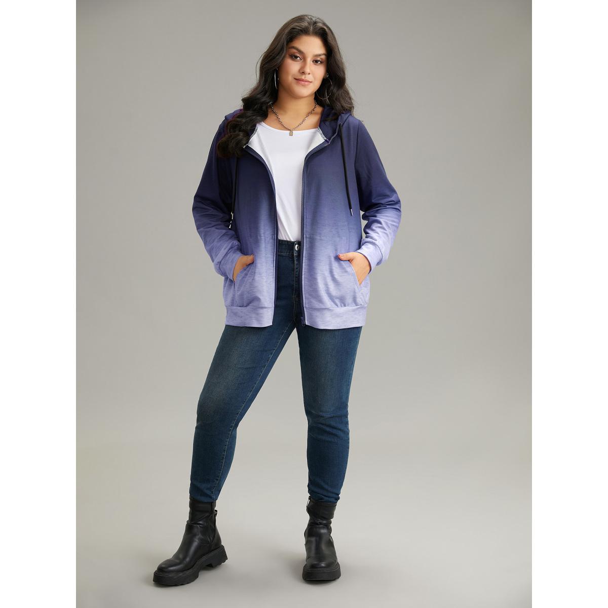 Plus Size Ombre Hooded Zipper Drawstring Sweatshirt Women DarkBlue Casual Zipper Hooded Everyday Sweatshirts BloomChic 10/M Product Image