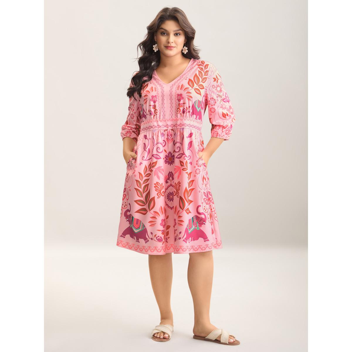 Plus Size Boho Print V-Neck Pockets Midi Dress Blush Women Boho Non V-neck Elbow-length sleeve Curvy BloomChic 14-16/1X Product Image